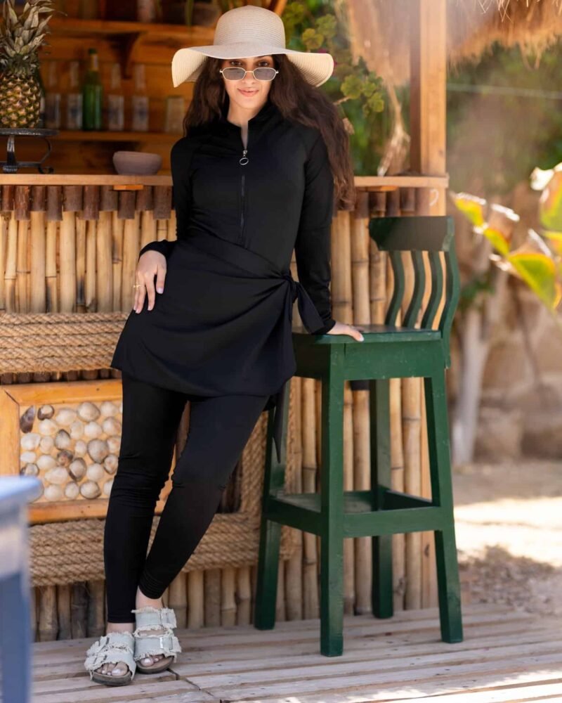 Lilya Black Pearl modest swimsuit, full-length front view