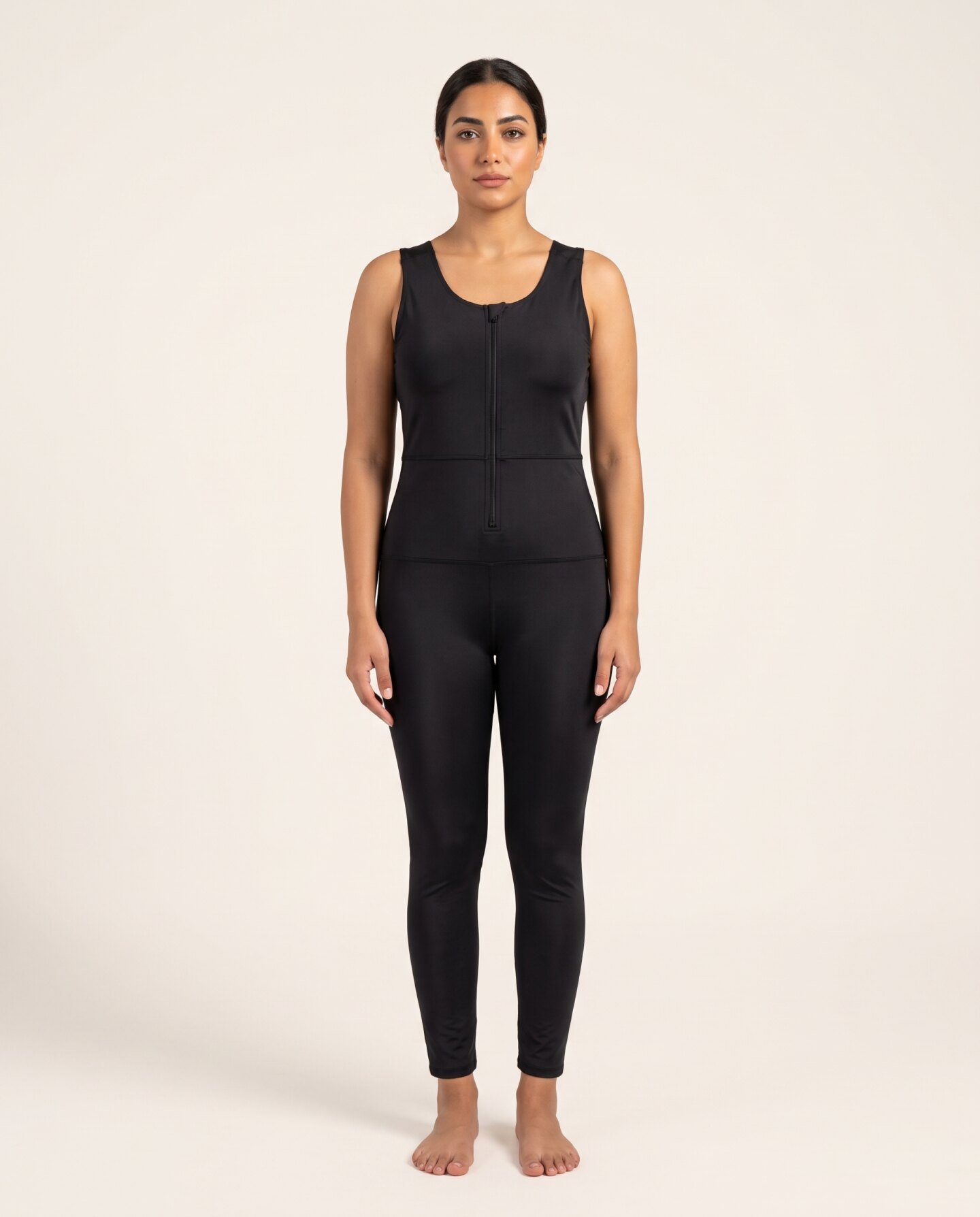 sleeveless jumpsuit Lilya Sleeveless Jumpsuit in black, front view with zip