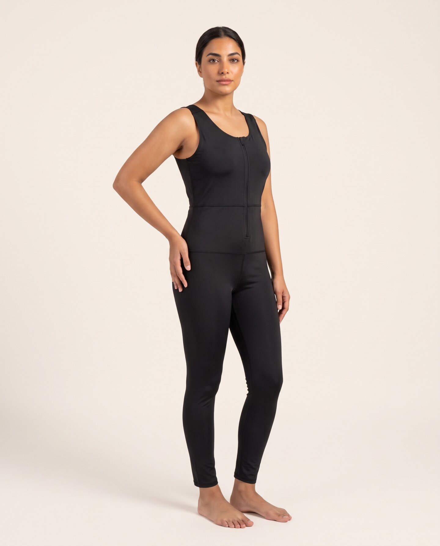 sleeveless jumpsuit Lilya Sleeveless Jumpsuit in black, three-quarter view